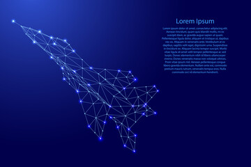 Fighter jet plane taking off, from futuristic polygonal blue lines and glowing stars for banner, poster, greeting card. Vector illustration.