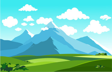 landscape summer green fields with mountains ,grass,trees,white cloud and blue sky .village green fields background. vector illustration.