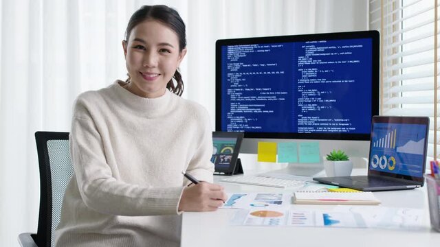 Asia people MBA college woman work at home office smile happy look at camera online study on laptop big data for future job career reskill upskill in startup AI IT cyber class remote virtual learn.
