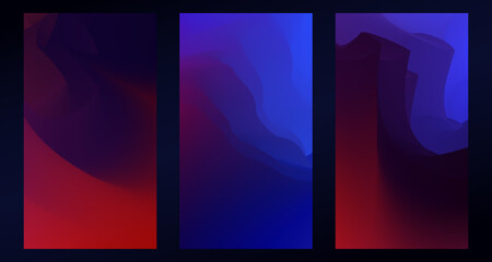 Minimalistic abstract illustration. Blurred gradient of deep blue and red colors, light and shadow, 3d effect. Set of vector background for poster, flyer, banner, social media post or phone wallpaper.