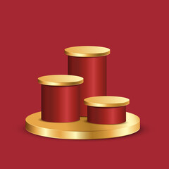 Red and gold round pedestal empty isolated on red background. Vector podium for product demonstration.
