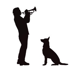 Black silhouette of a man playing the trumpet and a dog on a white background