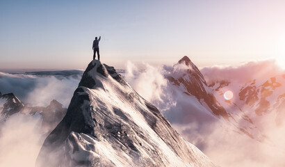 Adventure Composite. Adventurous Man is taking in the moment on top of a mountain. CGI Rocky Peak....