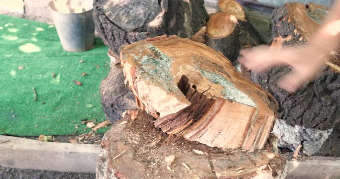 Cutting wood with a large sharp ax, Man Chops firewood, Chopping of wood on a wooden log in summer at the home