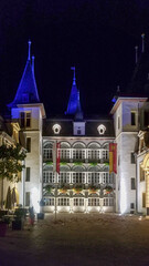 Sierre, Switzerland. 24 September, 2019: Architecture of the city at night.