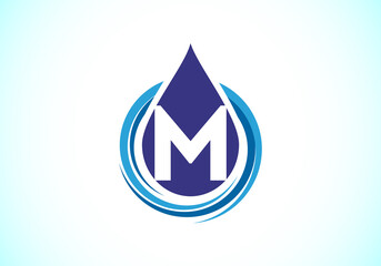 Initial M  monogram alphabet with water drop in a spiral. Waterdrop logo design vector template. Font emblem. Modern vector logo for business and company identity