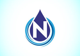 Initial N  monogram alphabet with water drop in a spiral. Waterdrop logo design vector template. Font emblem. Modern vector logo for business and company identity
