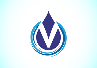 Initial V  monogram alphabet with water drop in a spiral. Waterdrop logo design vector template. Font emblem. Modern vector logo for business and company identity