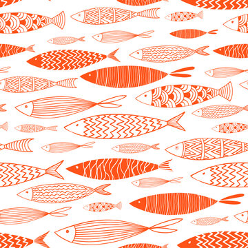 Seamless Pattern With Orange Fishes On A White Background