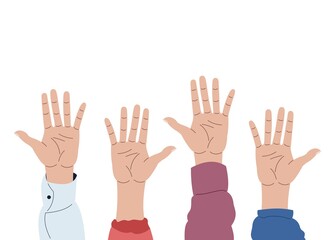 hands raised up, voting concept, human hands isolated on white, flat vector design