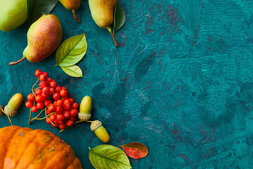 Festive autumn decor from pumpkins, pears,  leaves, acorns and berries on green background, autumn flat lay, fall composition, harvest, thanksgiving day.