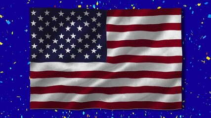 Digital animation of waving american flag against confetti falling on blue background