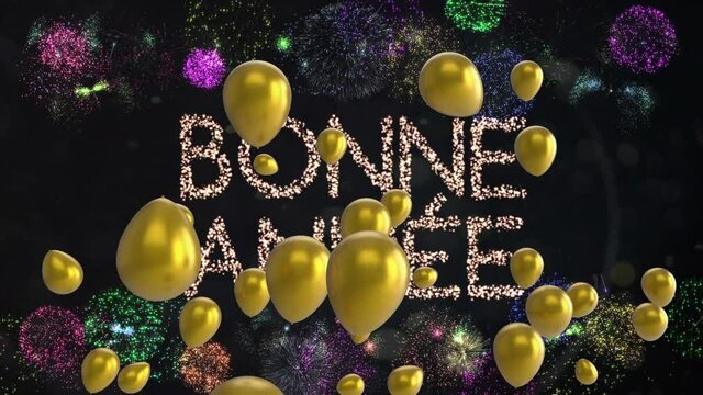 Multiple balloons floating over bonne annee against fireworks exploding on black background