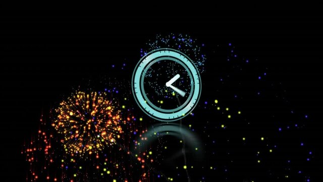 Neon blue digital clock ticking against fireworks exploding on black background
