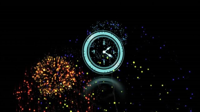 Neon blue digital clock ticking against fireworks exploding on black background