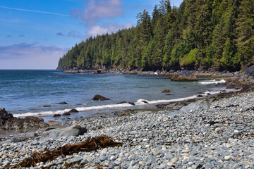 Mystic Beach shoreline with blue sky, trees, rocks and surf.  Iconic scene from the west coast of Vancouver Island, British Columbia, Canada. 