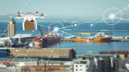 Network of connections over drone carrying a delivery box against port in background - Powered by Adobe