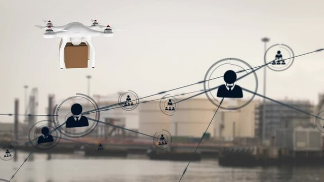 Network of profile icons over drone carrying a delivery box against port in background