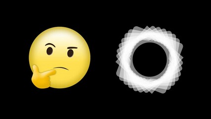 Digital animation of abstract geometric shape spinning and thinking face emojis on black background - Powered by Adobe