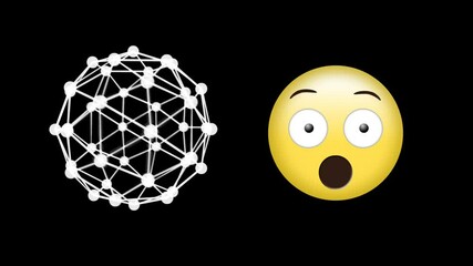Globe of network of connections spinning and surprised face emoji against black background