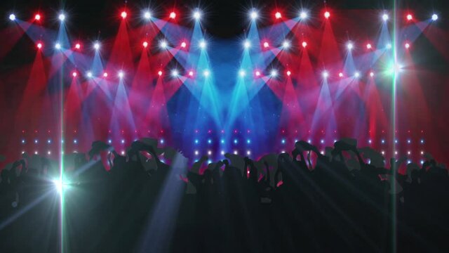 Digital animation of colorful shining lights over silhouette of people dancing