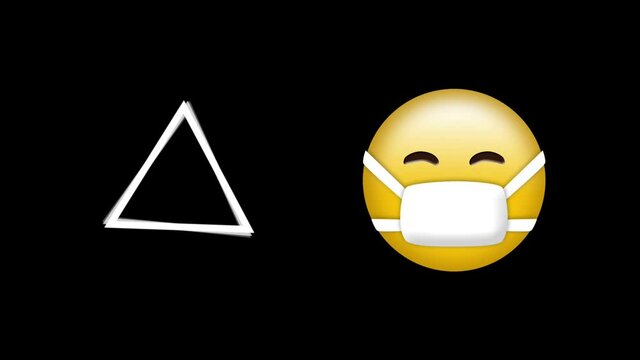 Abstract triangle shape spinning and face wearing a mask emoji against black background