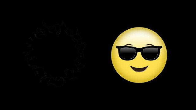 Digital animation of face wearing sunglasses emoji floating against black background