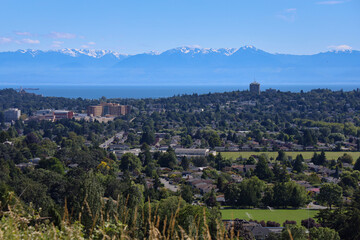 Fototapeta na wymiar Panoramic view of the city of Victoria B.C., Canada looking out towards Washington State. 
