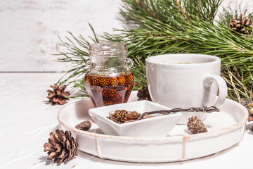 Pine needle tea, sollip-cha, traditional Korean beverage with pine cone jam