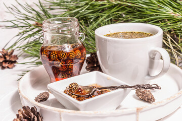 Pine needle tea, sollip-cha, traditional Korean beverage with pine cone jam
