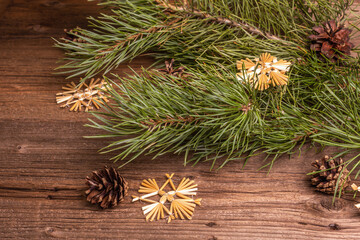 Christmas festive old wooden background. Zero waste Christmas decor concept