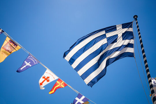 The flag of Greece on the island of Mykonos