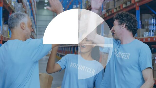 Pie graph against team of diverse volunteers high fiving each other at warehouse