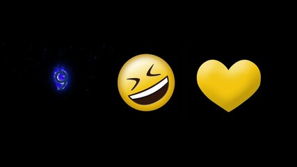 Laughing face emoji, yellow heart and number nine on fire icon against black background - Powered by Adobe