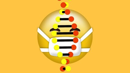 Digital animation of dna structure spinning over face wearing mask emoji on yellow background