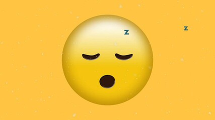 Digital animation of white particles falling over sleeping face emoji on yellow background