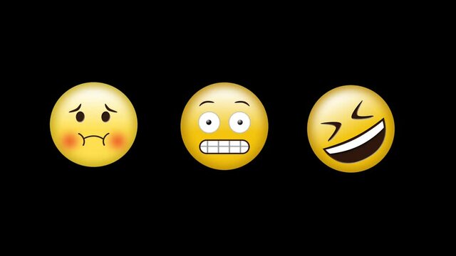 Digital animation of sick, grimacing and laughing face emojis against black background