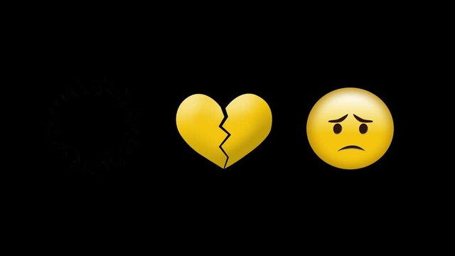 Digital animation of yellow heart icon and sad face emoji against black background