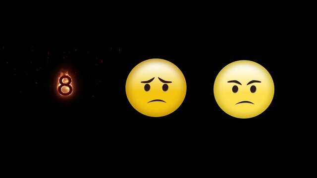 Digital animation of sad, angry face emoji and number eight on fire icon on black background