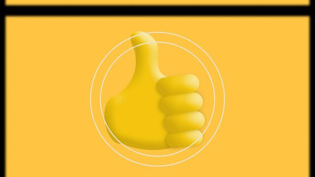 Digital animation of film reel effect over thumbs up emoji icon on yellow background