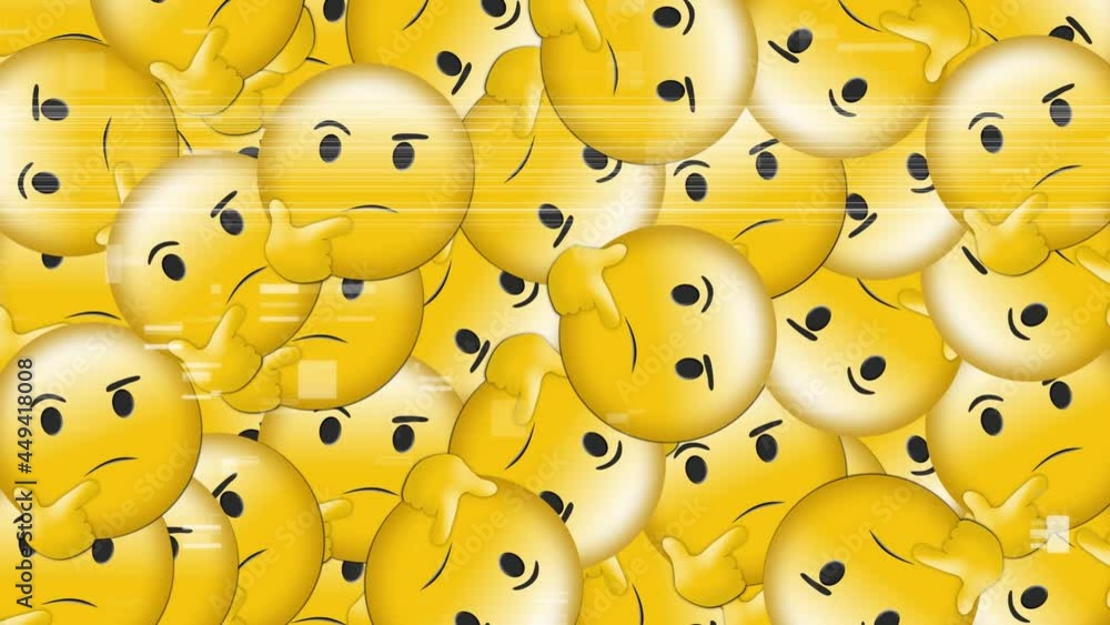 Poster digital animation of multiple thinking face emojis falling against tv static effect