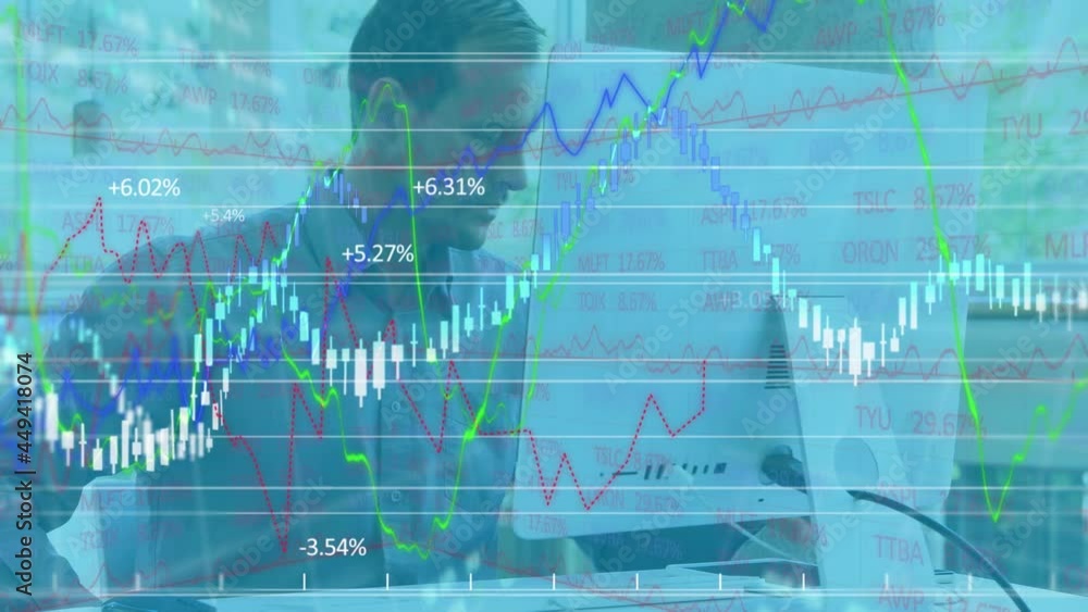 Poster stock market and financial data processing over caucasian man using computer while working at office