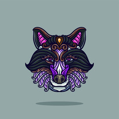 Wolf head ornament illustration with lines and colors, vector illustration
