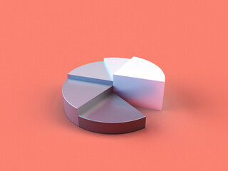 3D rendered pie chart with grey and white parts on a light red background. Illustration of percentage allocation on different levels. 3D render of an inforgraphic.