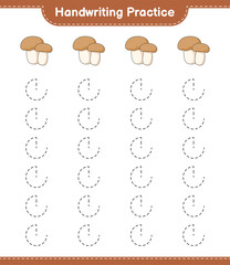 Handwriting practice. Tracing lines of Mushroom Boletus. Educational children game, printable worksheet, vector illustration