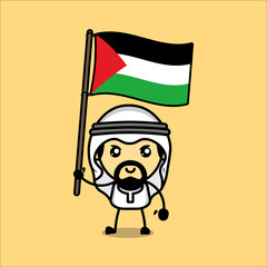 Cute muslim character with Palestinian flag, Vector illustration eps.10