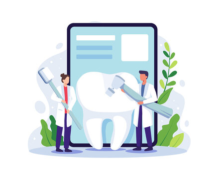 Small dentists cleaning big tooth