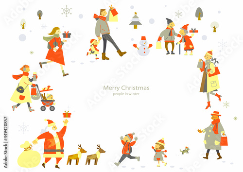 楽しいクリスマスの街の人々 おしゃれなクリスマスフレーム Wall Mural Fumika Shibata 楽しいクリスマスの街の人々 おしゃれなクリスマスフレーム Wall Mural Fumika Shibata