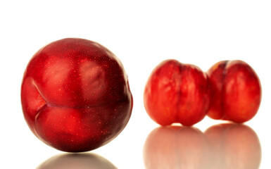 Several juicy sweet, red plums, close-up, isolated on white.