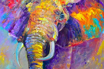 Fotobehang The painted elephant in oil on canvas. Contemporary painting. Textured paint strokes. © Anna